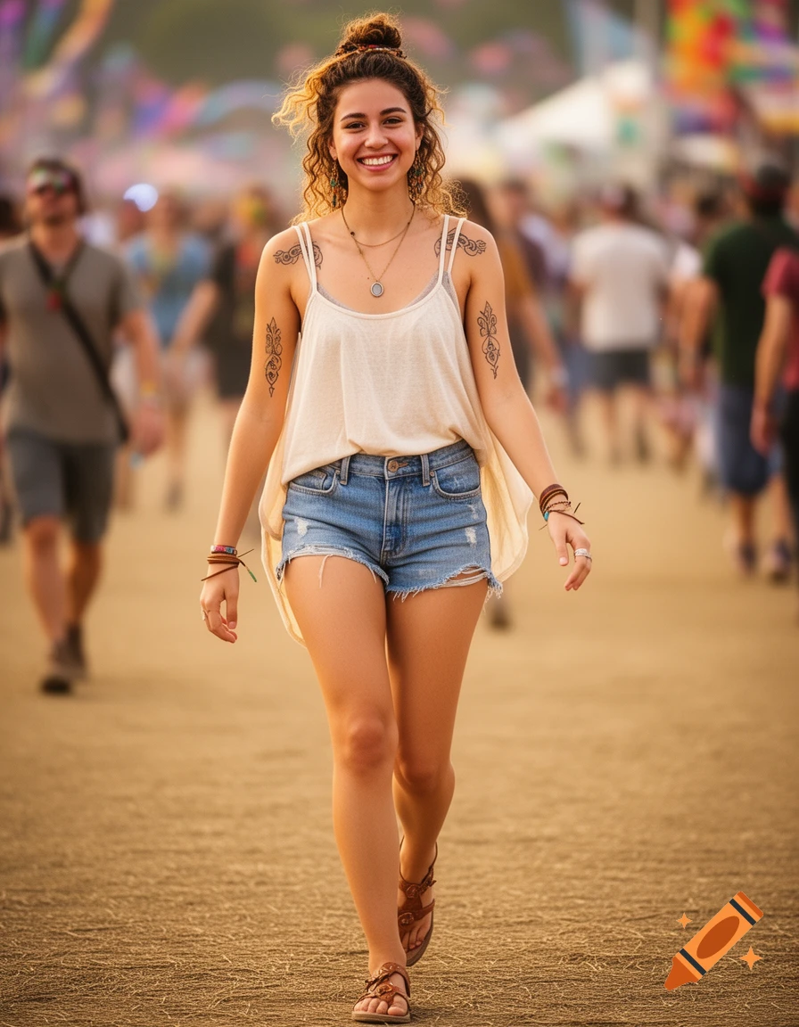A smiling young woman with curly hair and arm tattoos walks forward at a sunny outdoor festival, wearing a tank top, denim shorts, and sandals.