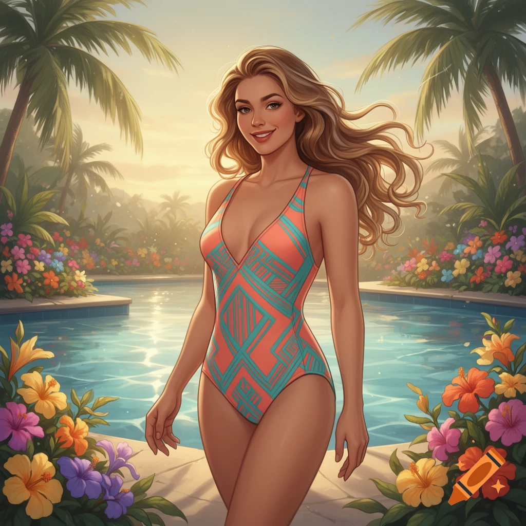 Smiling woman in an orange and teal swimsuit by a tropical pool with palm trees and flowers, digital art.