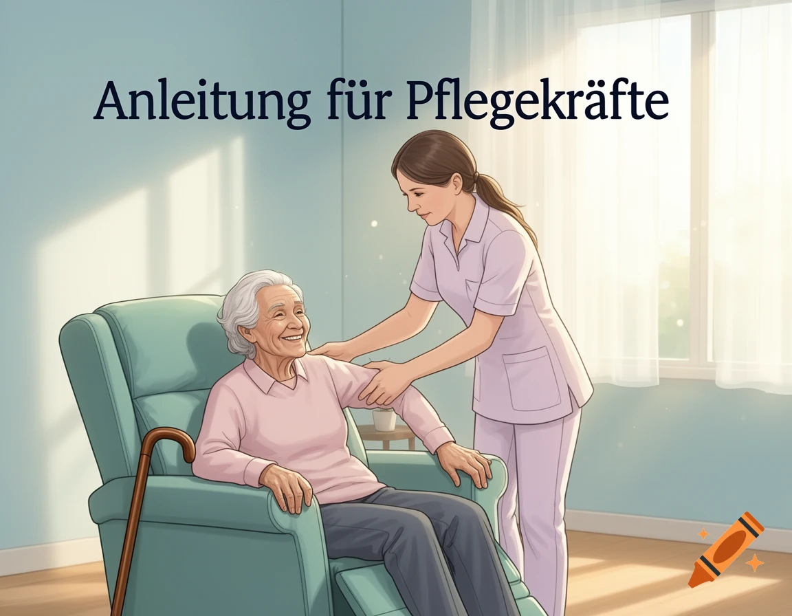 Illustration of a caregiver assisting a smiling elderly woman in a recliner, with 'Anleitung f Pflegekr te' text.