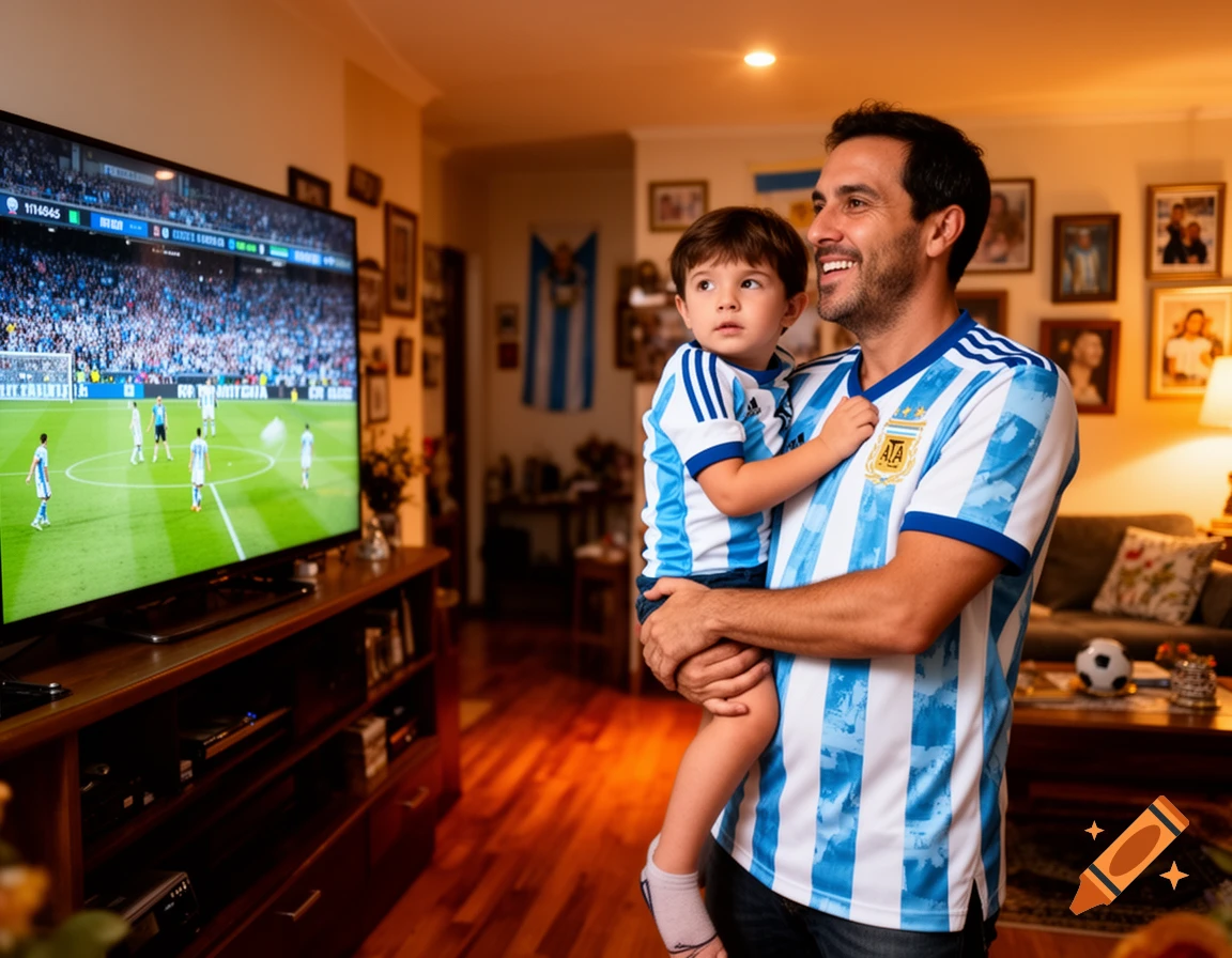 A smiling father holds his son, both in Argentina jerseys, watching a soccer game on TV in a living room.