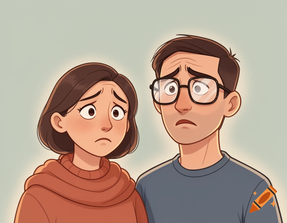 Cartoon illustration of a worried woman in a rust sweater and a man in glasses and a blue shirt.