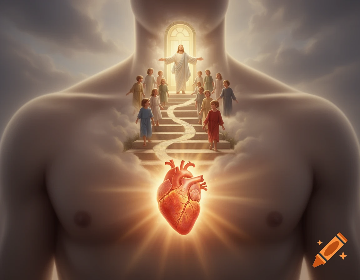 A human torso with a glowing heart from which a cloud staircase leads to Jesus welcoming children through a bright doorway.