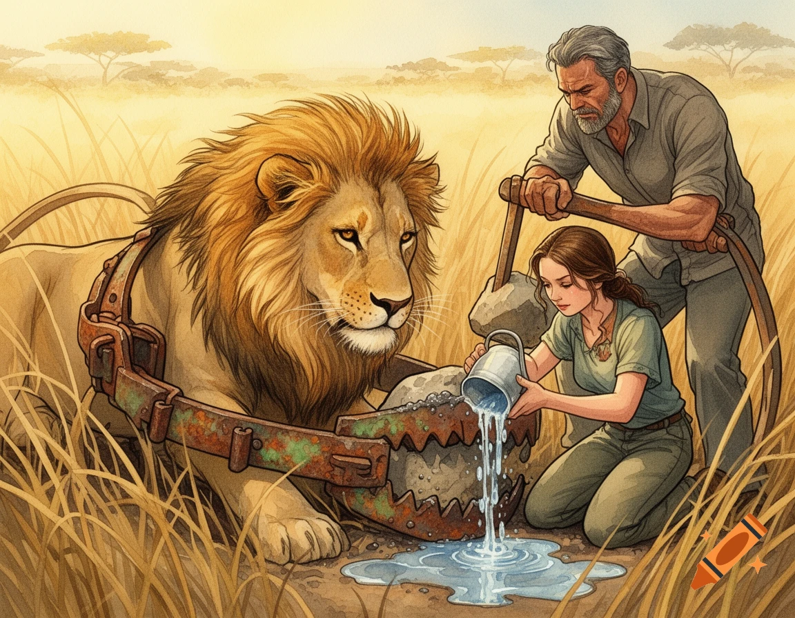Watercolor art of a lion caught in a rusty trap in the savanna. A woman pours water on the trap while a man pries it open with a stone.