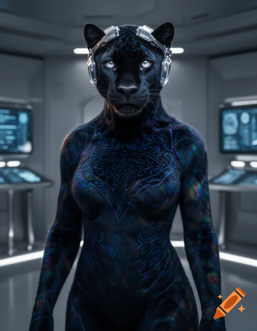 Photorealistic female panther humanoid with iridescent fur and unique patterns, wearing a sci-fi headset in a futuristic room.