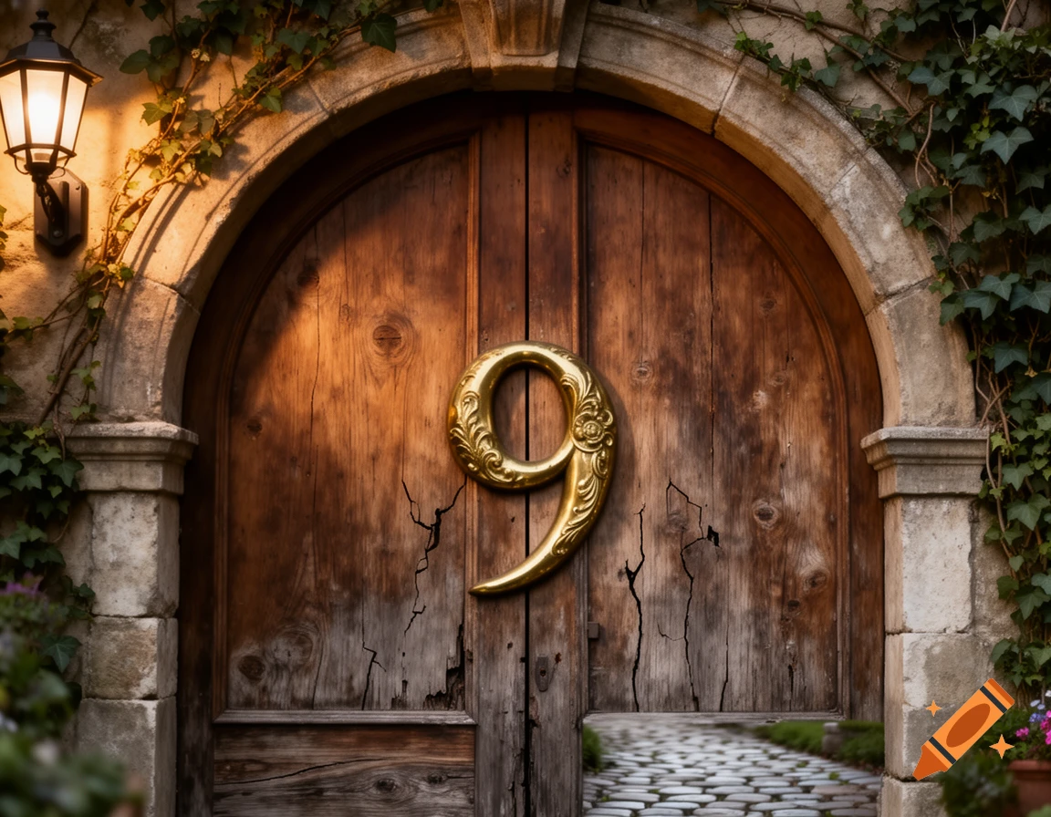 A golden number 9 is affixed to an old, weathered wooden arched door with stone framing and ivy. A lantern illuminates the scene.