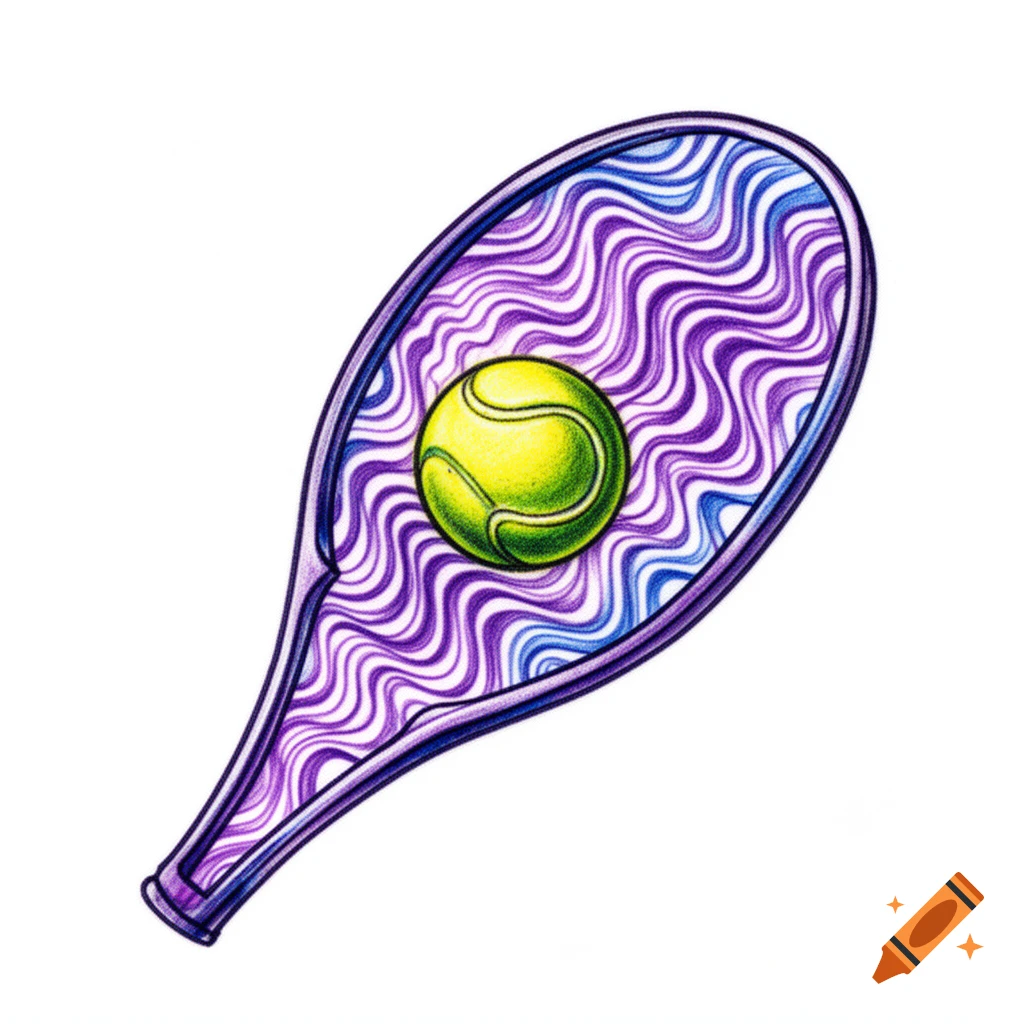 A vibrant tattoo flash art design of a tennis racket with psychedelic purple and blue wavy lines as strings, featuring a bright green tennis ball.