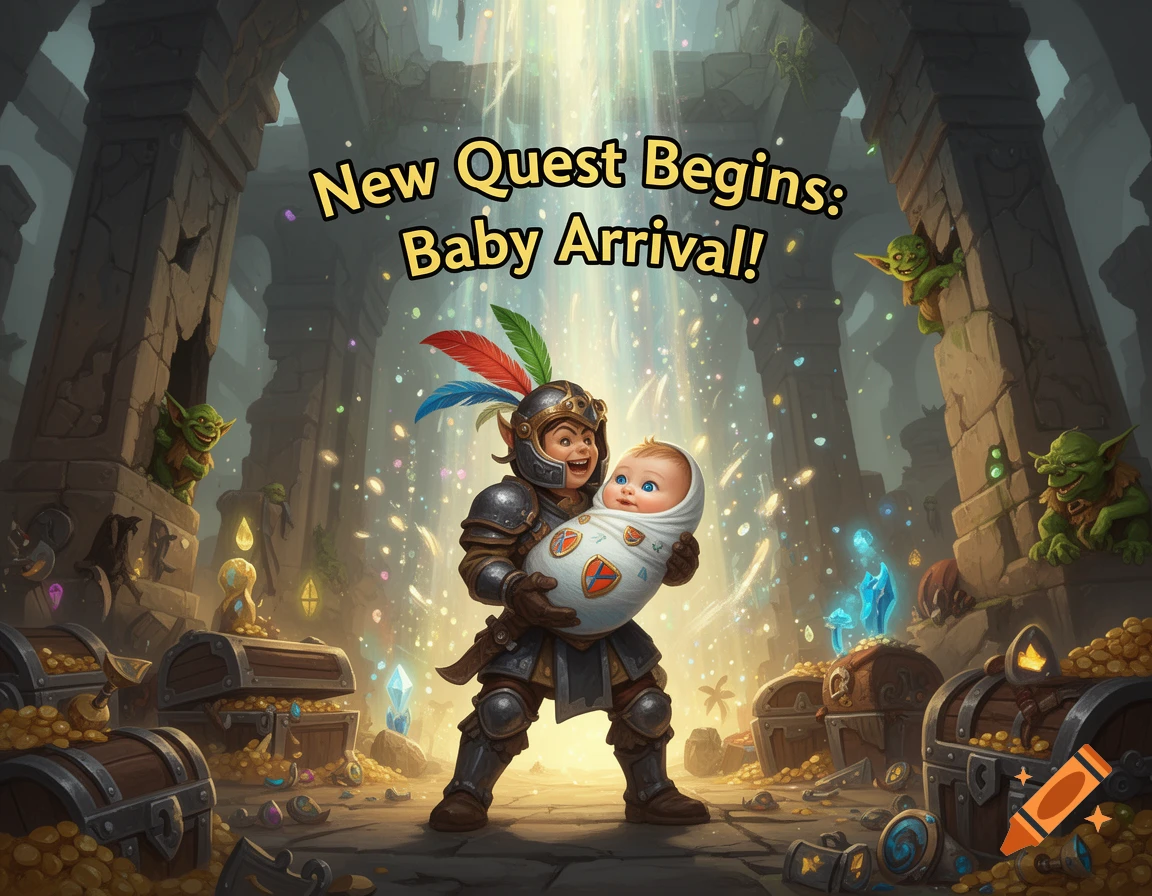 A fantasy knight in a dungeon with goblins and treasure holds a swaddled baby. Text says 'New Quest Begins: Baby Arrival!'.