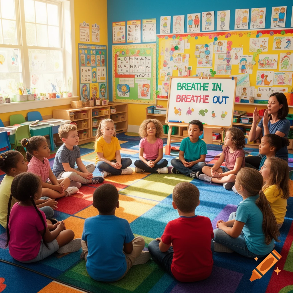 Children and a teacher sit in a circle on a colorful rug, learning self-regulation from a whiteboard reading 'BREATHE IN, BREATHE OUT'.