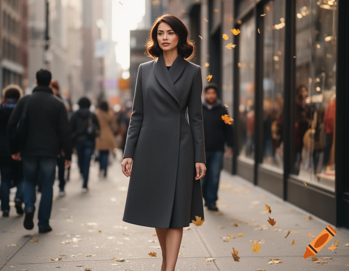 A woman in a gray coat walks on an autumn city street with blurred people and falling leaves.