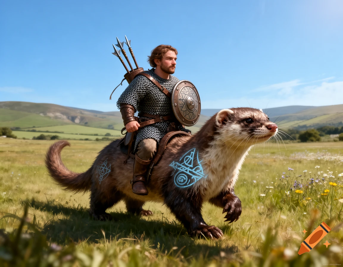 A man in chainmail armor with a shield and arrows rides a giant ferret-like creature with glowing blue symbols on its fur across a grassy field.