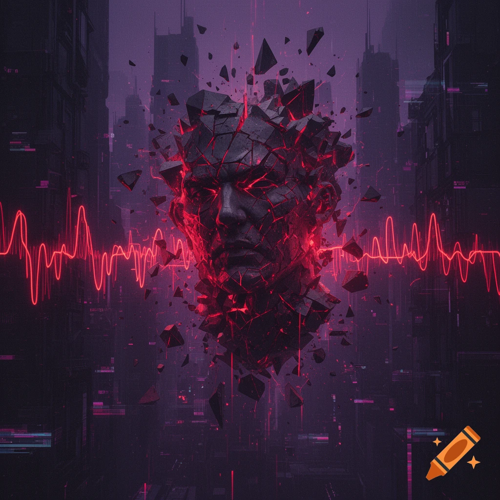 A dark cyberpunk cityscape with a shattering, glowing red abstract face and pulsating neon soundwaves.