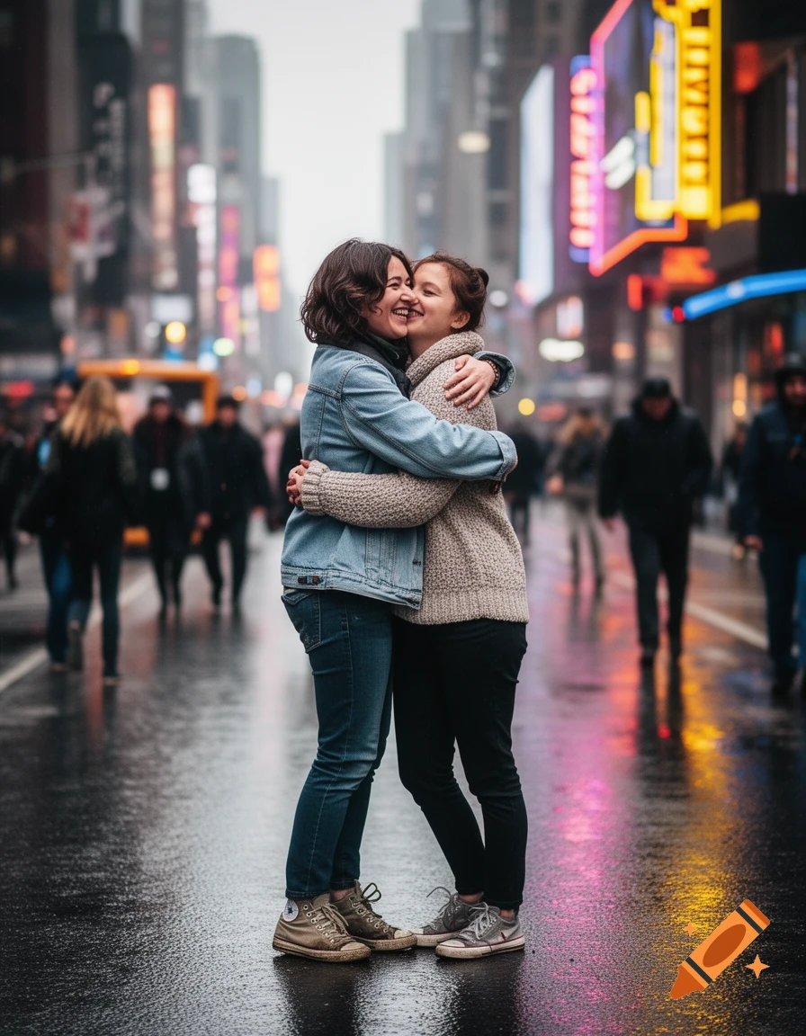 Two smiling women in casual clothes embrace on a wet city street at dusk, surrounded by blurred neon lights.