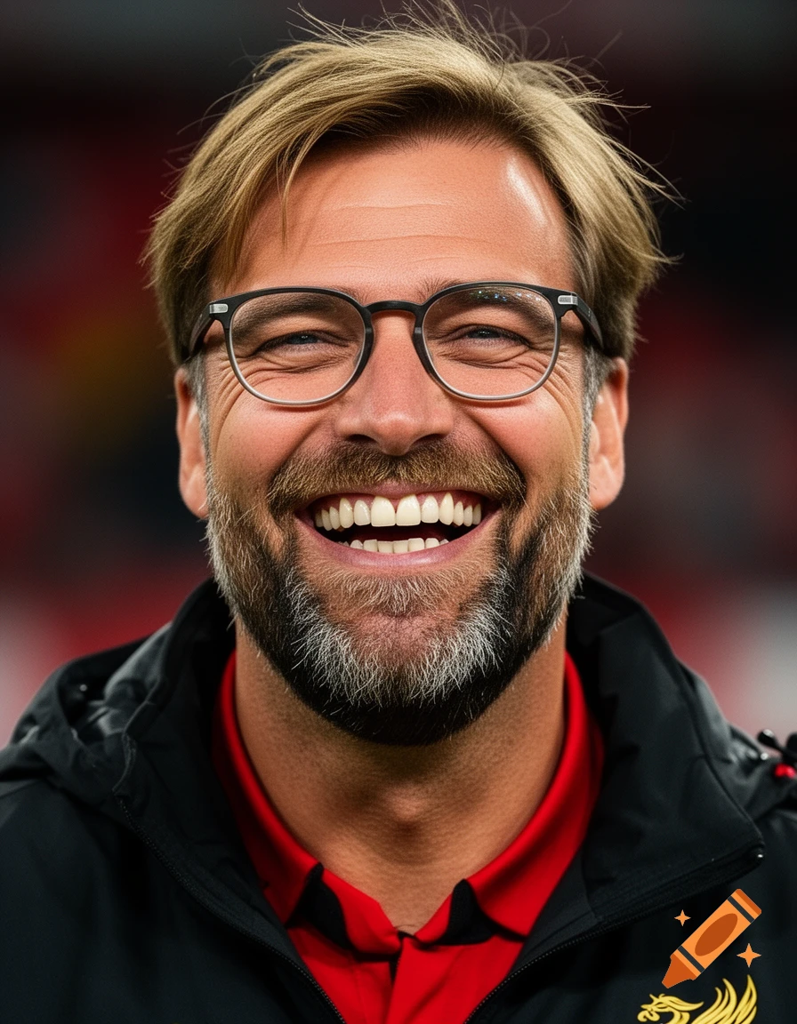 Close-up, photorealistic portrait of a laughing Jürgen Klopp with glasses, beard, black jacket, and red polo shirt.