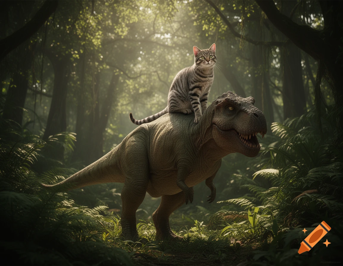 A photorealistic tabby cat rides on the back of a large Tyrannosaurus Rex in a sun-dappled prehistoric jungle.