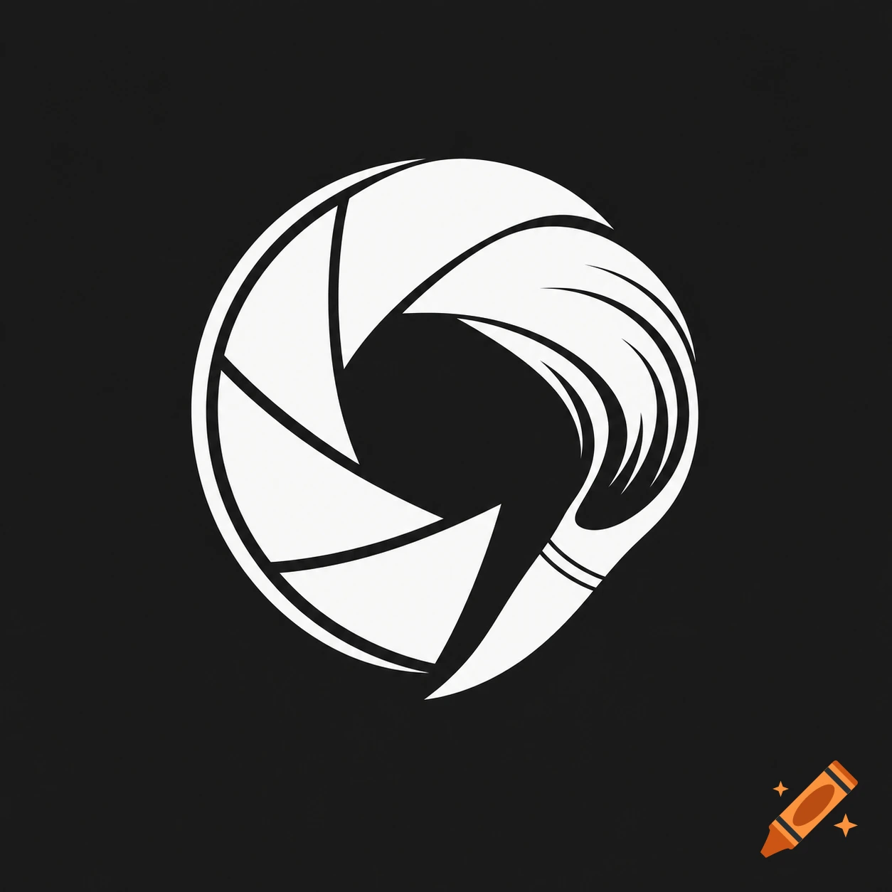 Minimalist white logo on a black background, combining a camera aperture on the left and a paint brush on the right.