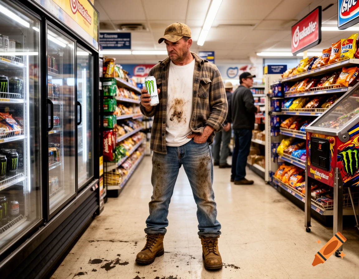 A photorealistic image of a rough-looking trades worker holding a Monster energy drink in a gas station aisle.