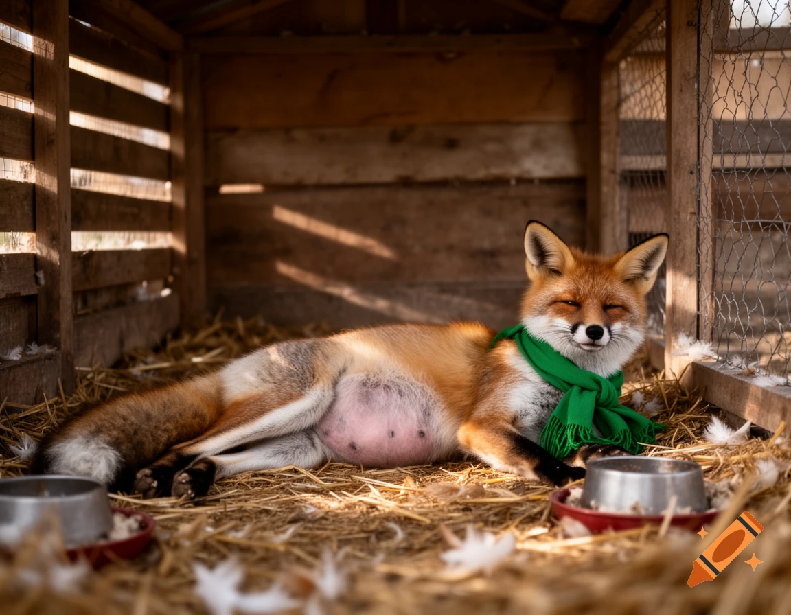 A red fox wearing a green scarf lies with closed eyes on hay inside a rustic wooden coop, with two metal bowls nearby. Photorealistic.