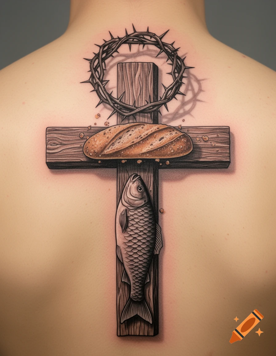 Realistic tattoo on an upper back depicting a wooden cross with a loaf of bread, a fish, and a crown of thorns.