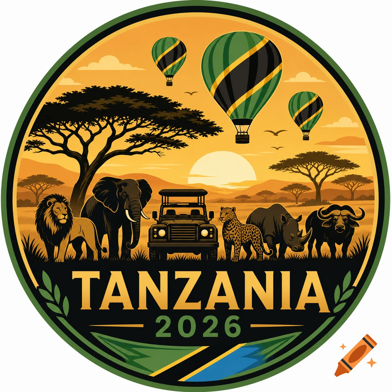 Round vector logo for Tanzania 2026, depicting a sunset safari with African wildlife, a jeep, and hot air balloons.