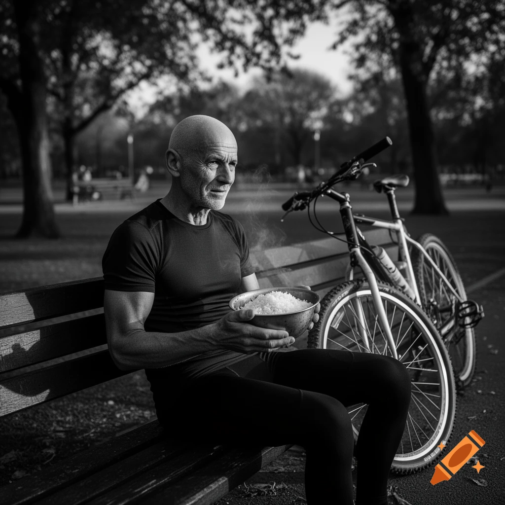 Bald male cyclist in black and white sits on a park bench, holding a steaming bowl of rice, with a bicycle behind him.