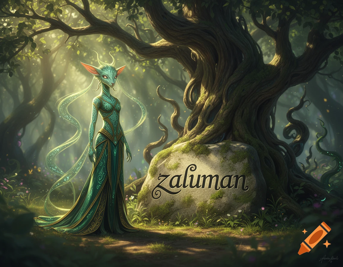 A tall, green, elven-like creature in an ornate green gown stands in an enchanted forest next to a large tree and a rock carved with 'zaluman'.