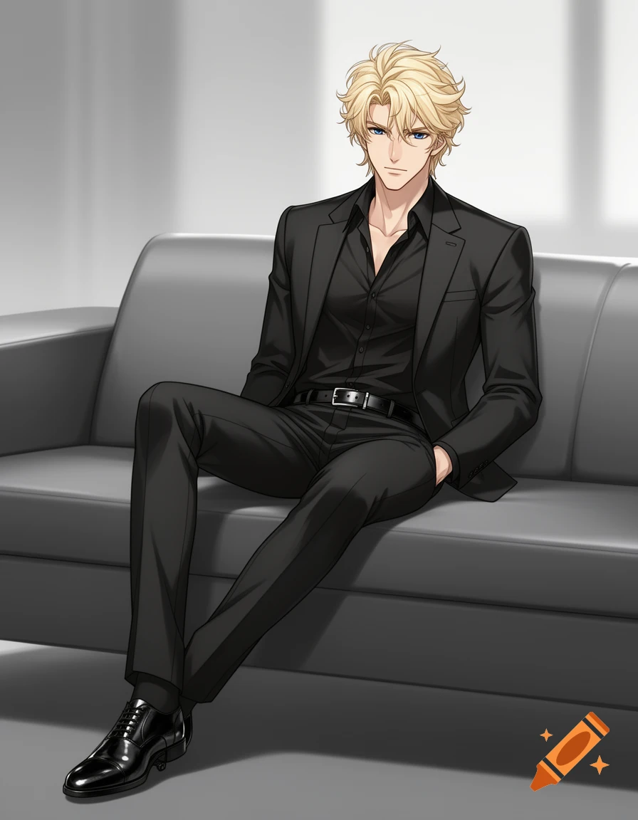 Anime-style man with blonde, voluminous hair in a black suit and open-collar shirt, sitting casually on a gray couch.