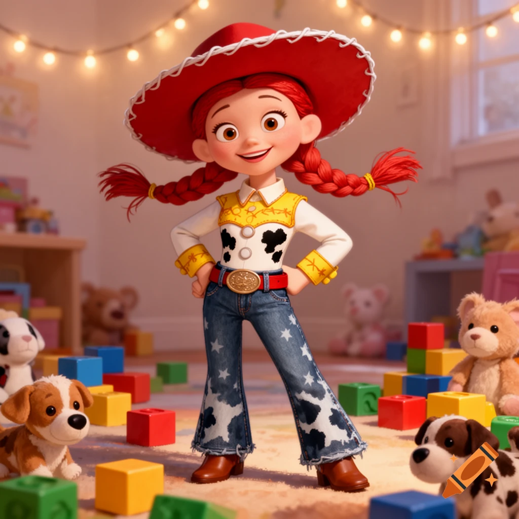 Animated Jessie from Toy Story stands confidently in a colorful playroom surrounded by toy blocks and plush puppies.