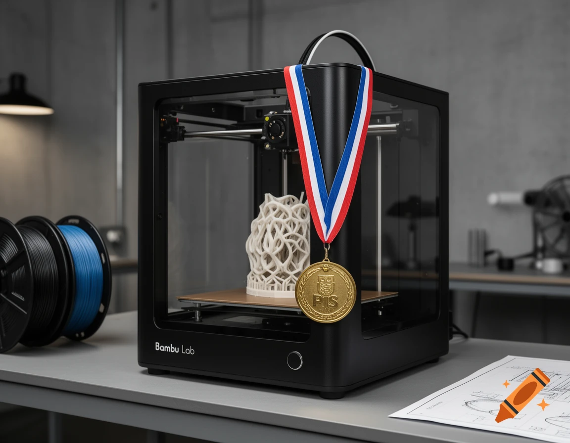 A black Bambu Lab 3D printer with a gold medal and a white 3D-printed object inside, flanked by filament spools.