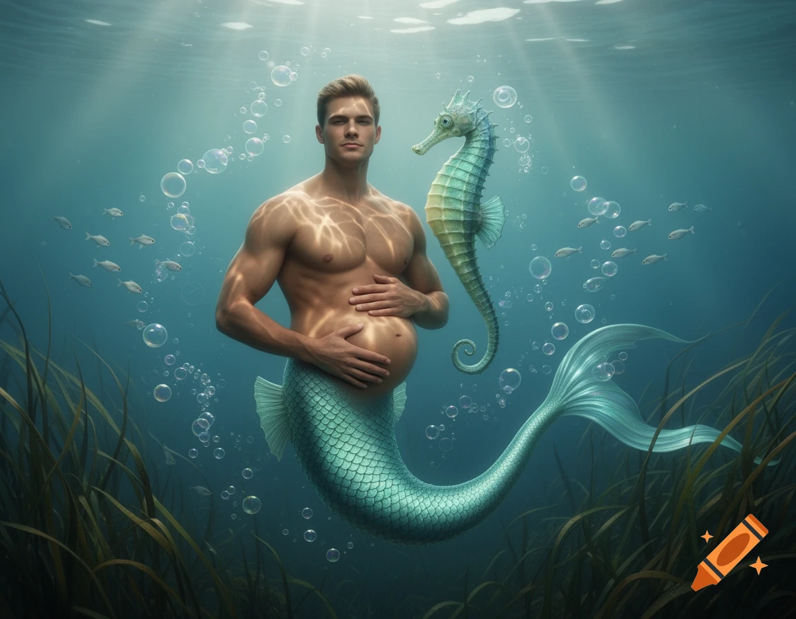 A photorealistic image of a pregnant merman gently rubbing his belly underwater with a seahorse, small fish, and seaweed.