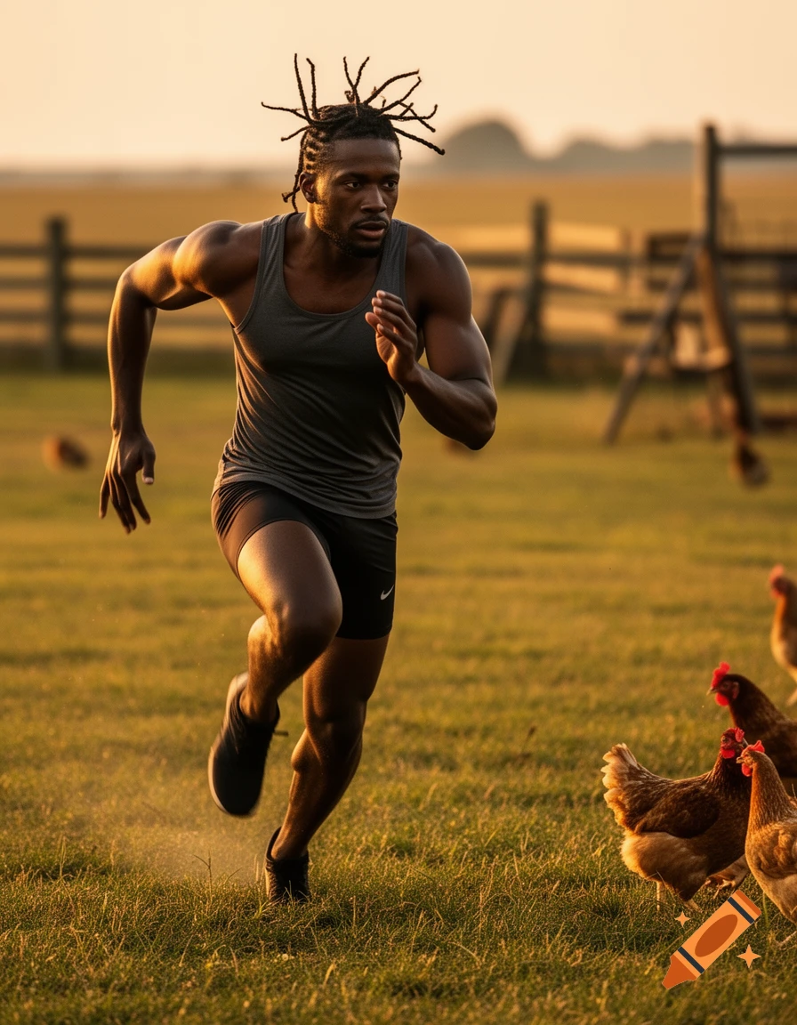 A muscular Black man with dreadlocks runs through a grassy field towards chickens at sunset, photorealistic.