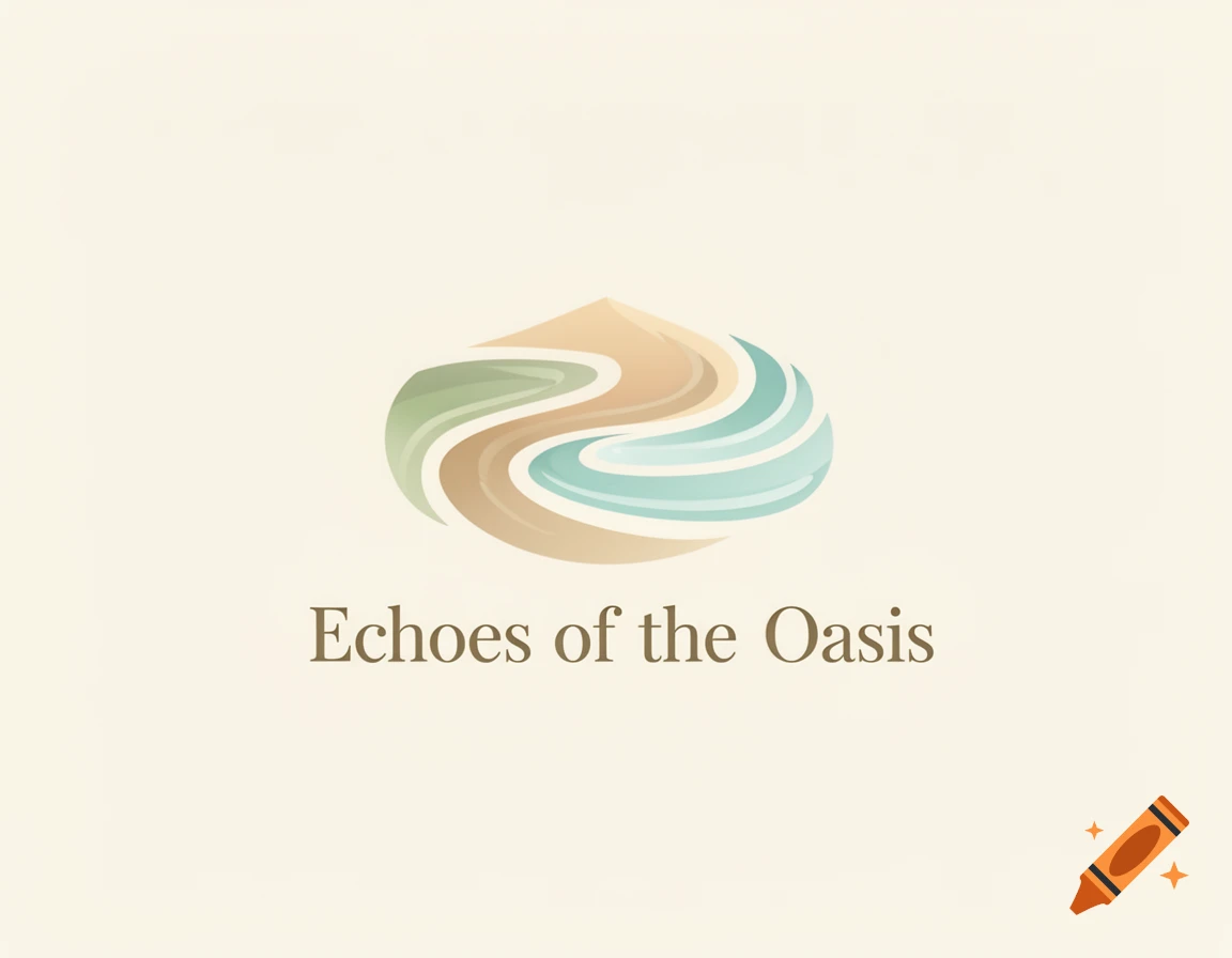 An abstract logo with flowing shapes in green, brown, and blue above the text "Echoes of the Oasis" on a cream background.