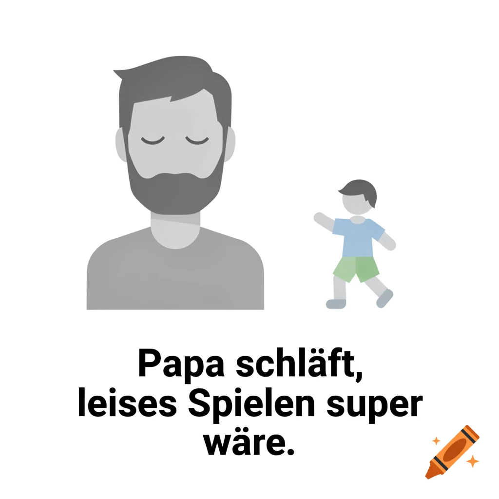Pictogram of a sleeping father and a child, with German text 'Papa schläft, leises Spielen super wäre.'