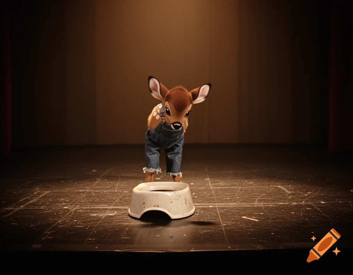 Little Bambi in denim overalls stoops over a dirty potty, looking embarrassed on a dimly lit theater stage.