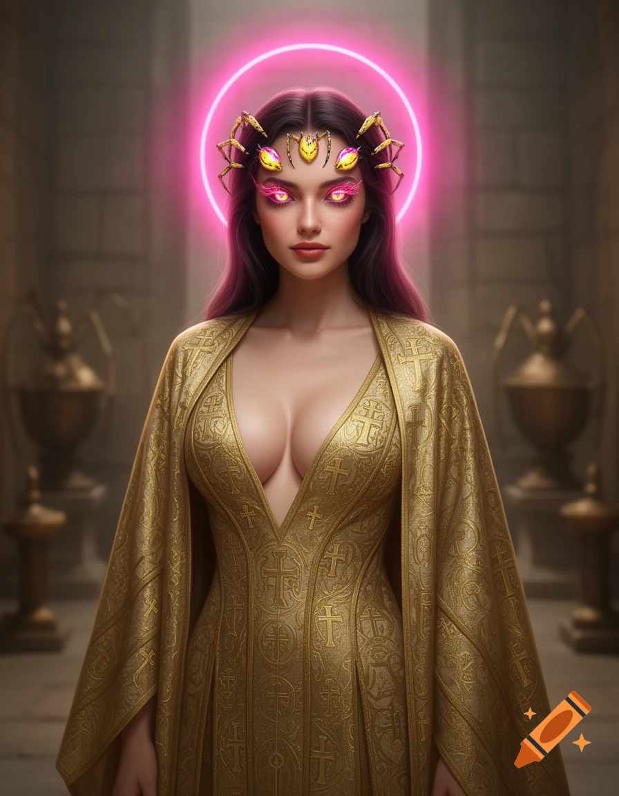 A woman with dark hair, glowing pink and yellow eyes, and a spider-like headpiece, wearing a golden robe with a deep V-neck and cross patterns, stands beneath a pink neon halo in a dark, mystical setting.
