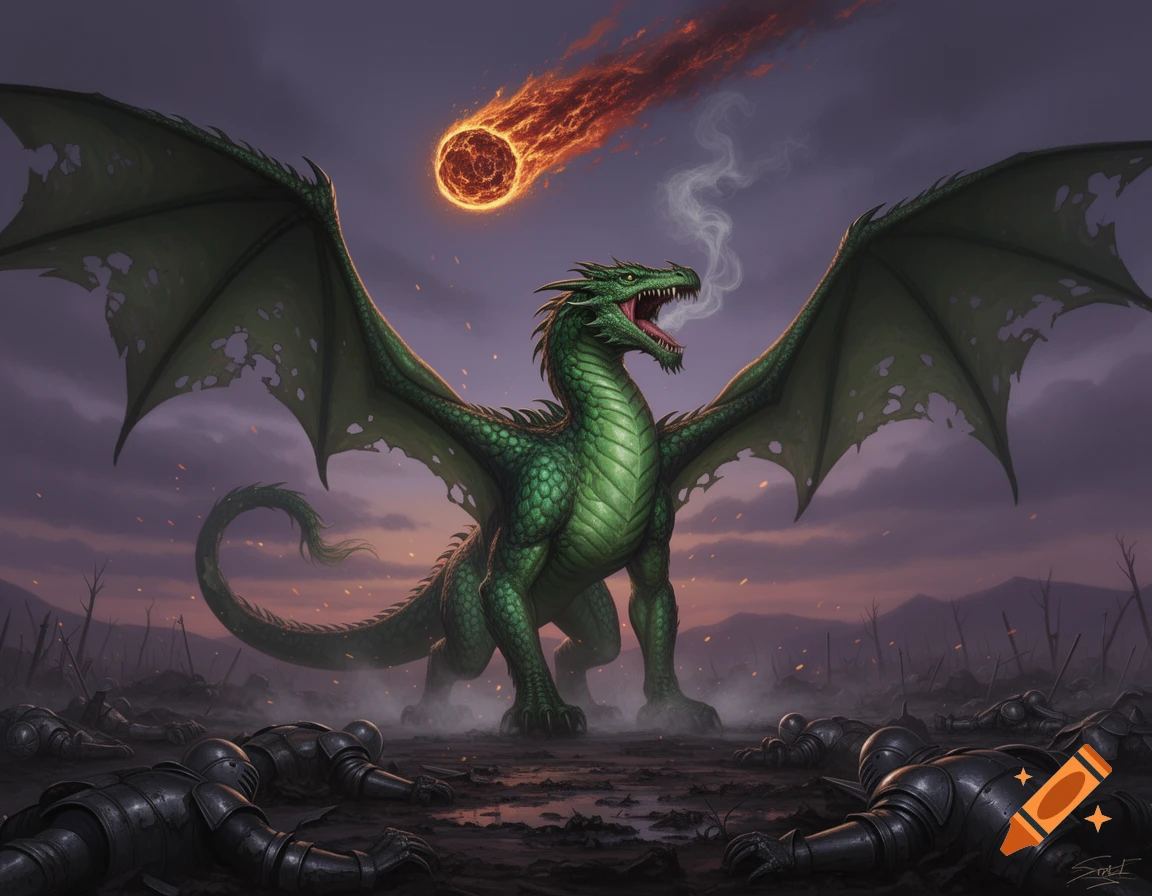 A fearsome green dragon roars on a broken battlefield under a twilight sky with a flaming meteor, fantasy art.