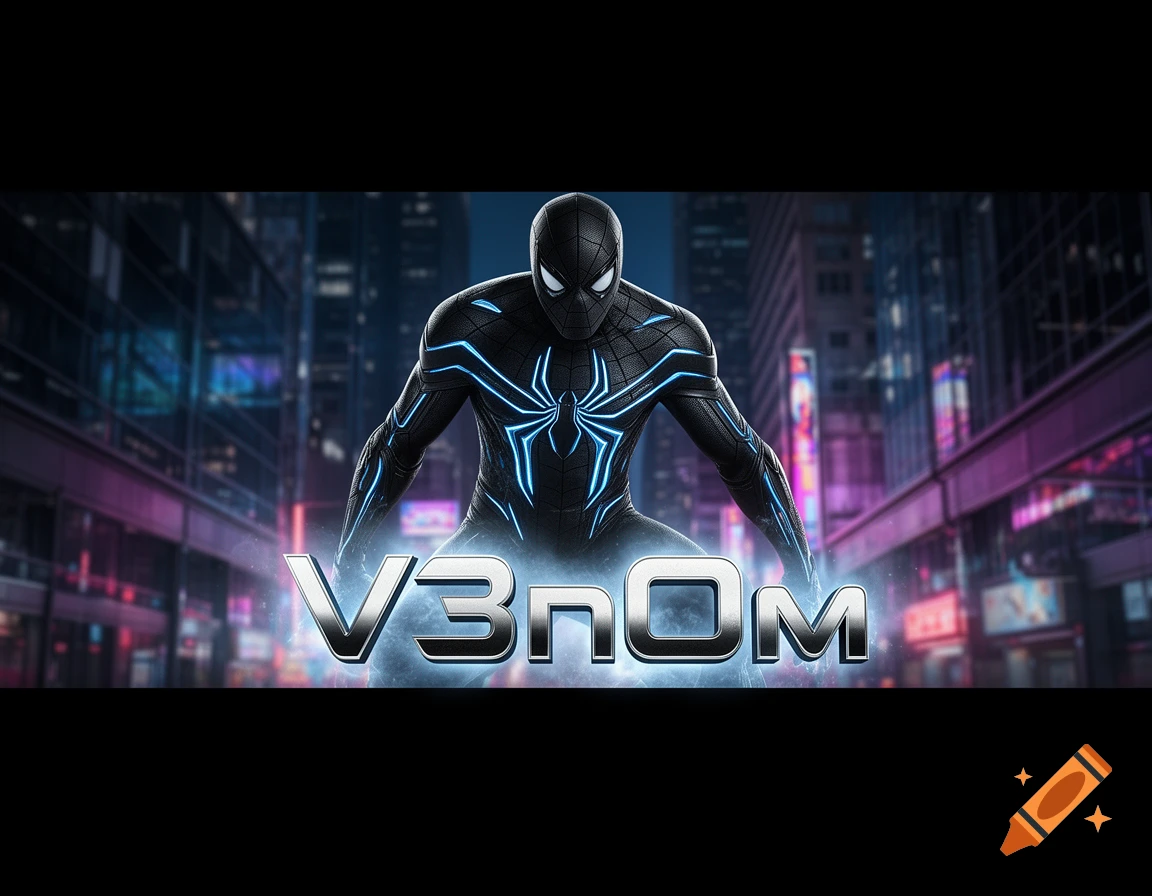 Futuristic black Spider-Man with glowing blue lines crouches in front of a blurred neon city, with "V3nOm" text.