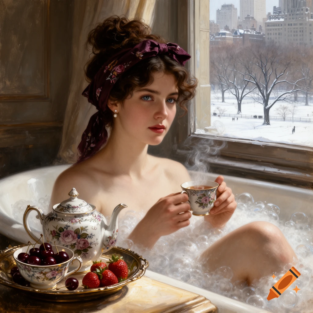 A young woman in a bubble bath holds a steaming teacup, with a tray of fruit and a teapot nearby. Snowy Central Park is seen through the window in this oil painting.