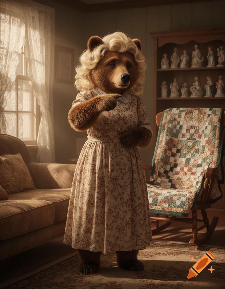 An anthropomorphic she-bear with a blonde wig and a floral dress stands in a cozy living room, pointing her finger.