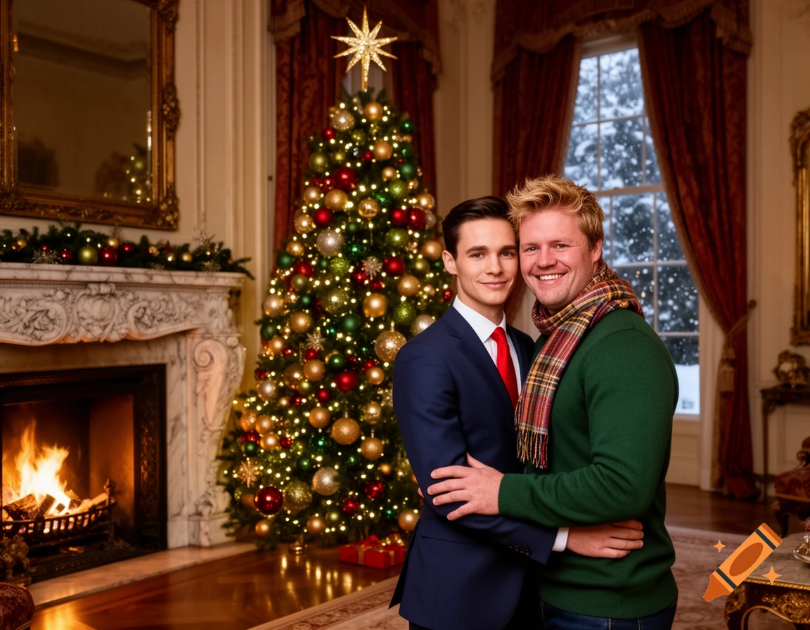 A smiling gay couple embraces in a luxurious mansion with a decorated Christmas tree and a lit fireplace, snow visible outside the window.