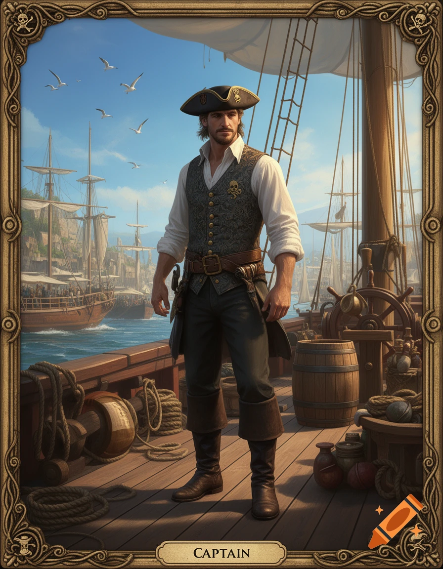 A man in a pirate captain's outfit stands on a ship's deck with other ships in the background, in a detailed fantasy art style.