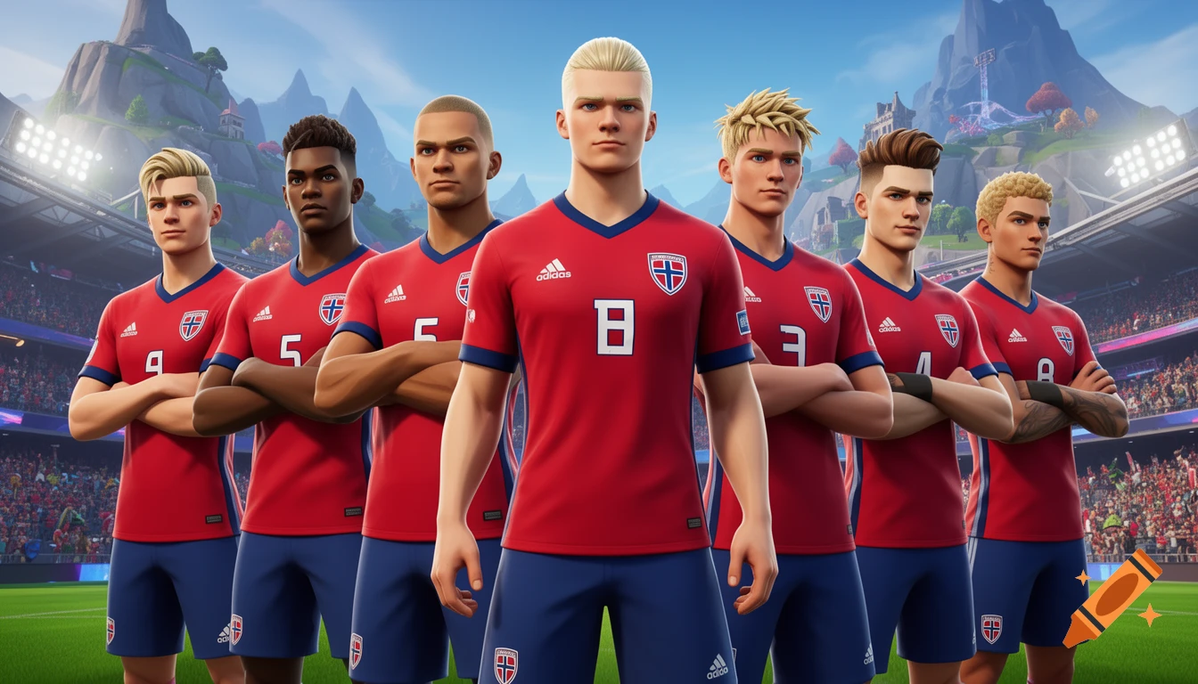 A group of male football players in red and blue kits, stylized in Fortnite 3D art, stand on a stadium field with mountains in the background.