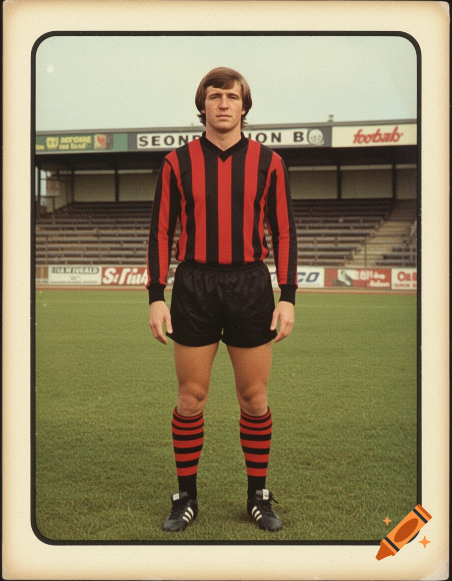 A full-body chrome portrait of a 1970s football player in a red and black striped uniform, standing on a pitch in front of stadium stands.