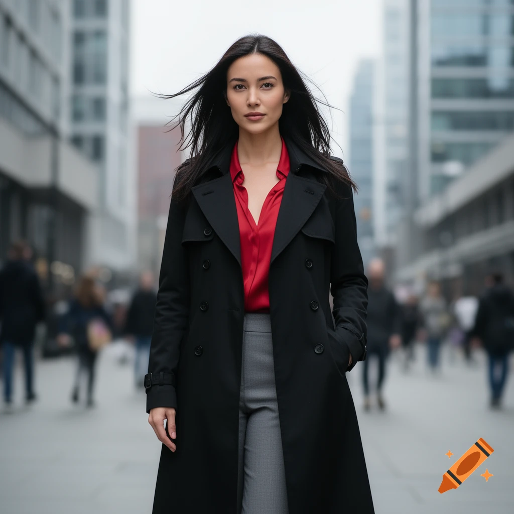 Photorealistic portrait of a woman with dark hair in a red blouse and black trench coat, standing on a city street.