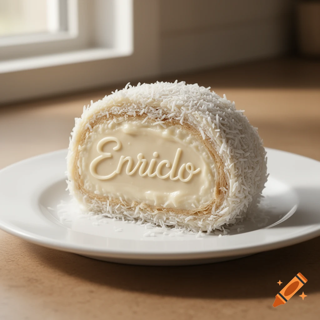 A white coconut-covered dessert roll with 'Enricio' written in cream on top, resting on a white plate.