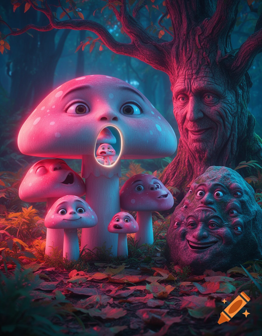 Surreal forest scene with glowing pink and blue mushrooms with faces, a smiling tree with a face, and a rock covered in many faces. The largest mushroom has a smaller mushroom inside its mouth.