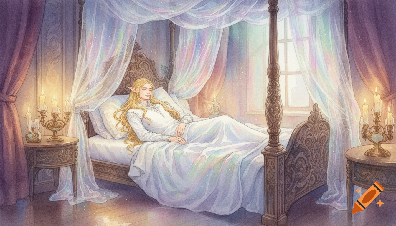 A blonde elf sleeps in a regal four-poster bed with a shimmering canopy, in a fantasy watercolor style.