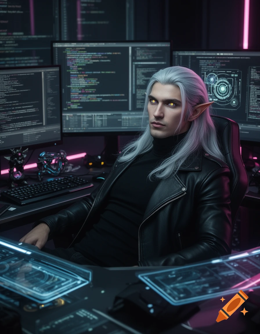 Cool-looking male elf with white hair and yellow eyes, wearing a black leather jacket, sits at a glowing computer desk surrounded by multiple code-filled screens.