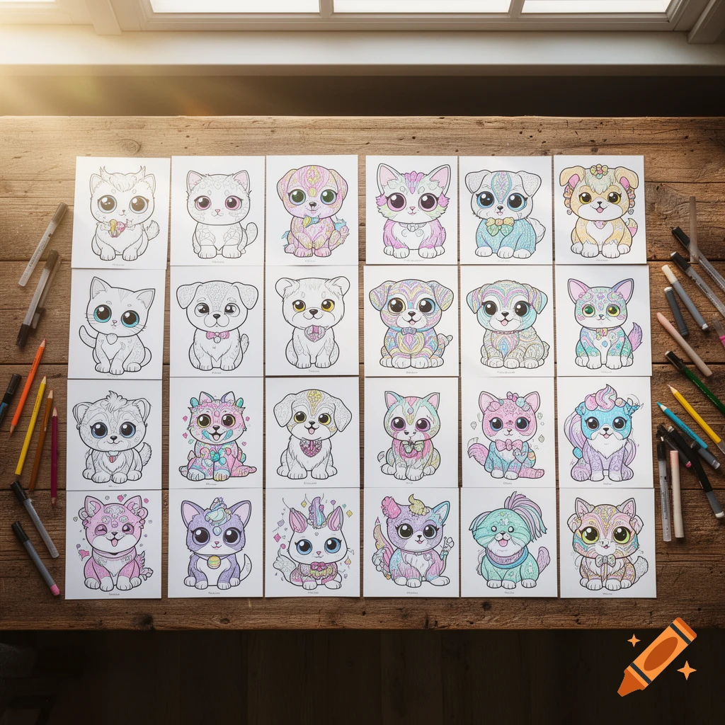 Twenty kawaii coloring pages featuring stylized cats, dogs, and fantasy creatures, some partially colored, spread on a wooden table with pencils.