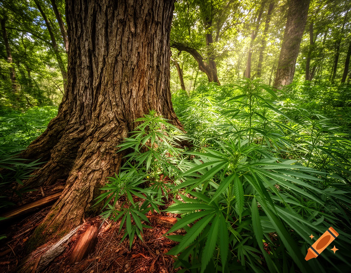 Photorealistic image of a large tree trunk in a sunlit forest, with lush green cannabis plants growing around its base.