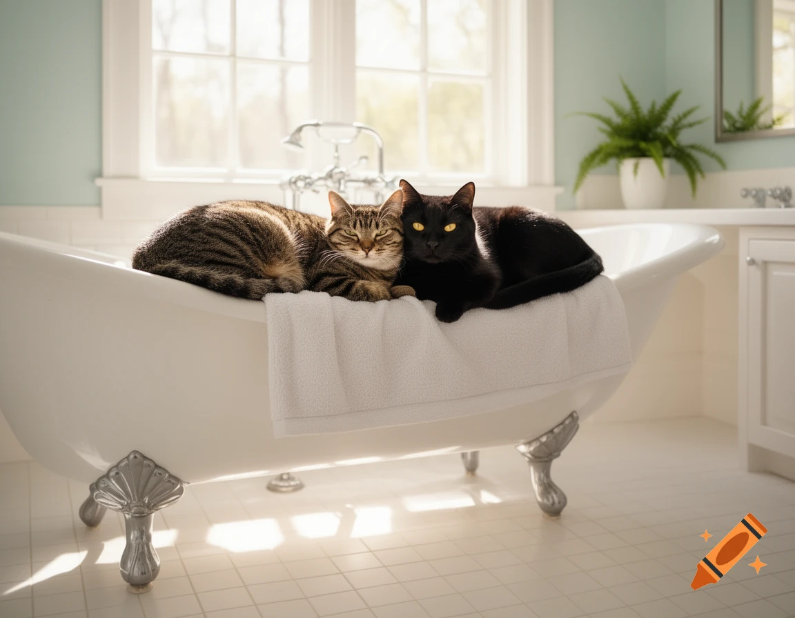 A tabby cat and a black cat lie on a white towel on the edge of a clawfoot bathtub in a bright bathroom.